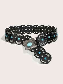 1件波西米亚风绿松石点缀黑色拼接牛仔腰带，适合搭配连衣裙、半身裙、牛仔裤，适用于派对、西部活动、音乐会、约会、送礼、度假、户外活动 - 綠松石拼接 - 查看 8