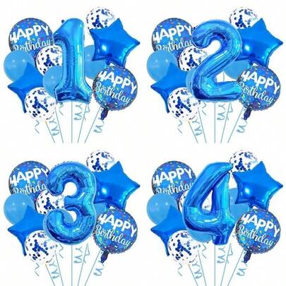 13pcs Cartoon Sequin Birthday Party Balloon Set, Includes Blue Number & Star Foil Balloons, Suitable For Birthday Party Decoration, Balloon Themed Decor, Anniversary Celebration, Baby Shower, Surprise Gift For Son Or Daughter