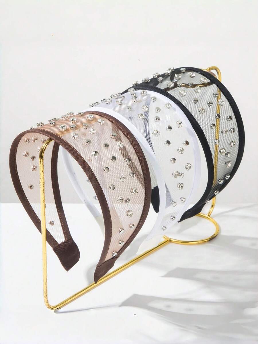 1pc Women's Rhinestone Decor Transparent Mesh Wide Headband, Elegant Accessory For Party And Daily Wear - Multicolor - View 1