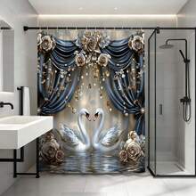 Cortina de ducha con rosas y cisne azul y dorado, decoración romántica para el baño, juego de baño de lujo con cortina de ducha, cortina de baño impermeable, decoración elegante para el baño, juego de baño que incluye cortina de ducha, cortina de baño azul y dorada, cortina de partición de baño sofisticada, decoración de baño con tema de boda, cortina de baño de tela gruesa, juego de baño opulento para el hogar - Azul y blanco - Ver 4