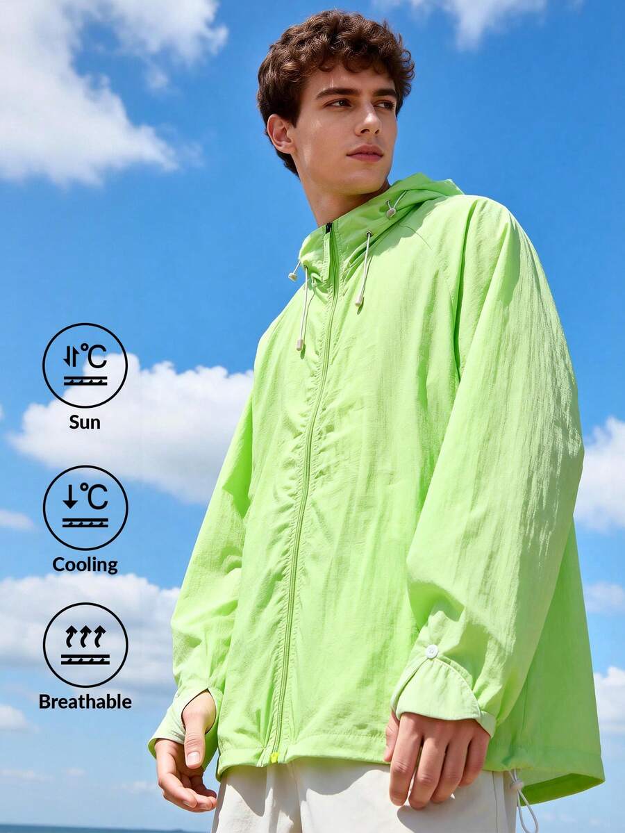 男士轻便透气防紫外线连帽夹克，休闲户外夏季外套 - 綠色 - 查看 1