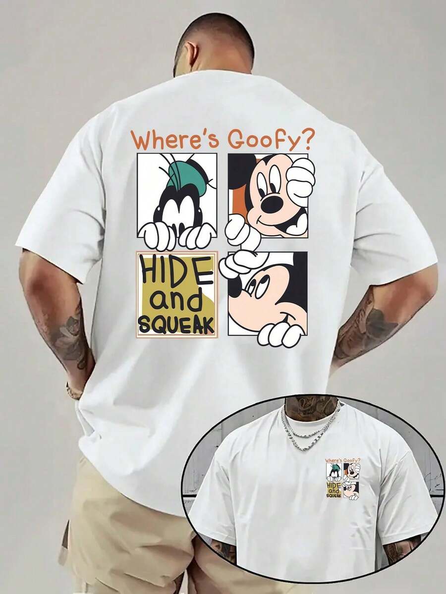 Disney Official Licensed Mickey & Goofy "Hide And Squeak" Double-Sided Graphic T Shirts 100 Percent Cotton Disney Shirt Washed 220g Unisex - 白色 - 查看 1