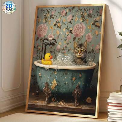 1幅现代风格猫咪洗澡帆布印刷海报，现代墙面艺术装饰画，适用于咖啡馆、家居、卧室、客厅、厨房、浴室、办公室、家居装饰、房屋装饰、卧室装饰、墙面装饰——送给朋友的理想之选