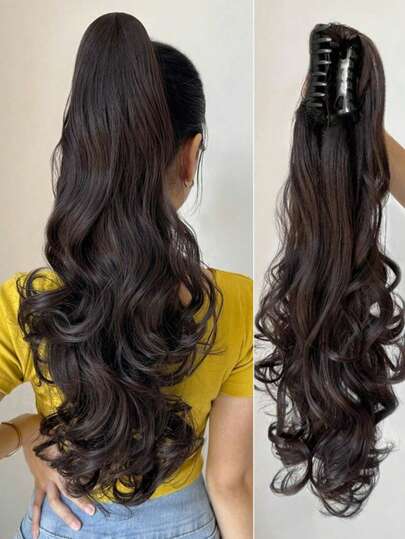 24-26 Inch Long Body Wave Ponytail Hair Extension Synthetic Heat Resistant Claw Curly Wavy Ponytail Hairpieces For Women Black Brown
