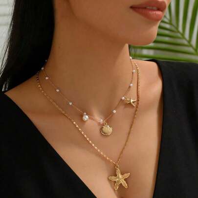 2pcs/Set Summer Faux Pearl Necklace With Charms, Fashion Ocean Life Pendant Jewelry Set Suitable Women Daily/Vacation Wear, Handmade Length Adjustable,