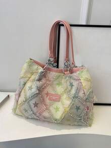 Large Capacity Star Patterned Tote Bag, Fashionable Fur Edge Casual Letter Color Blocked Shoulder Bag, Niche Design Diamond Shaped Personalized Armpit Bag, Suitable For Shopping, Daily Outings, Vacations, And Work - Multicolor - View 9