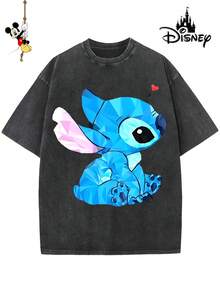 Disney-Licensed Men's Cotton T-Shirt For The 2026 Family Holiday. Featuring A Stitch Motif, Washed Crew Neck, Soft And Comfortable Feel, Easy Care And Suitable For Various Occasions Such As Holidays, Everyday Life And Commuting – Full Of Festive Spirit. - 黑色 - 查看 1