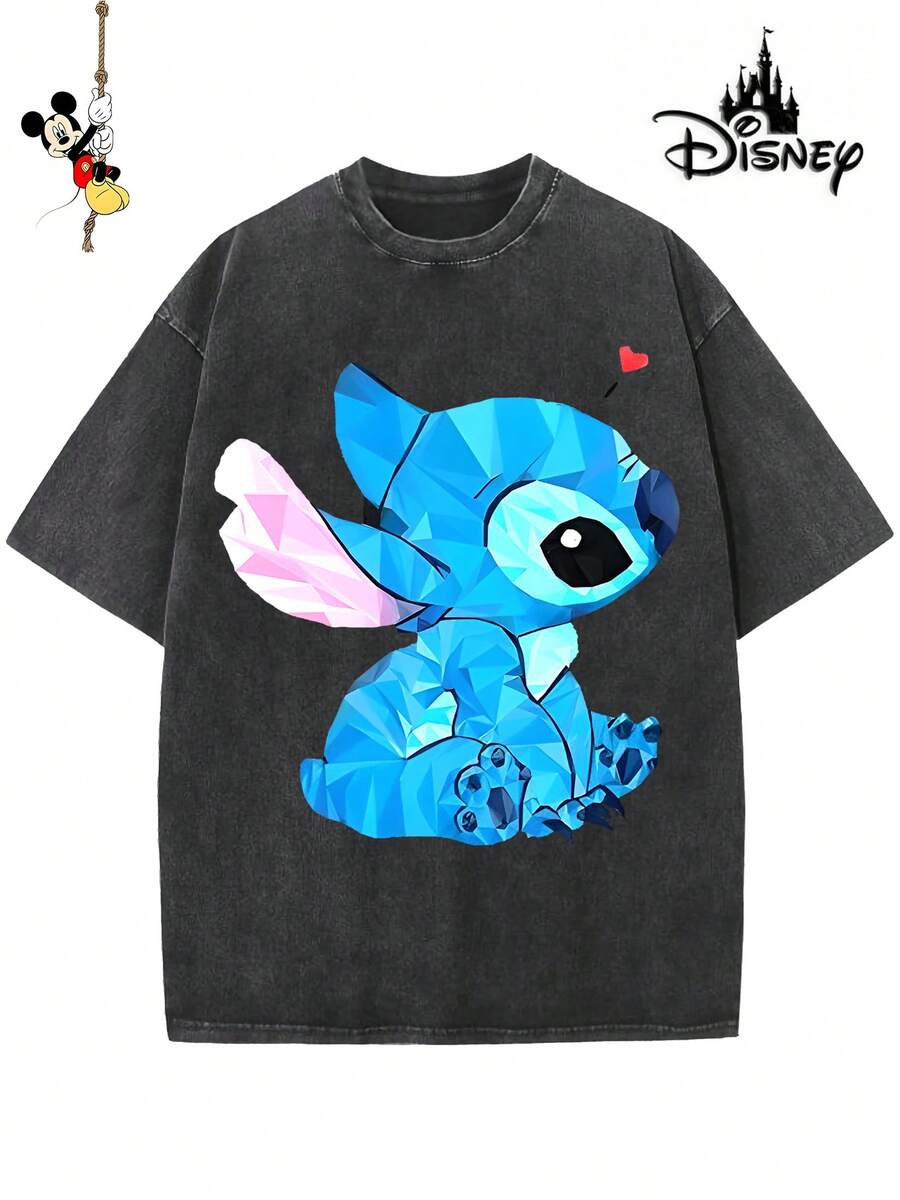 Disney-Licensed Men's Cotton T-Shirt For The 2026 Family Holiday. Featuring A Stitch Motif, Washed Crew Neck, Soft And Comfortable Feel, Easy Care And Suitable For Various Occasions Such As Holidays, Everyday Life And Commuting – Full Of Festive Spirit. - 黑色 - 查看 1