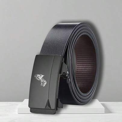 男士黑色自动扣皮带套装，自动扣logo设计，时尚商务风，适合丈夫/男友日常通勤和办公穿着，可搭配牛仔裤和西装，适用于商务和休闲场合，标准尺寸，男士日常穿搭必备单品