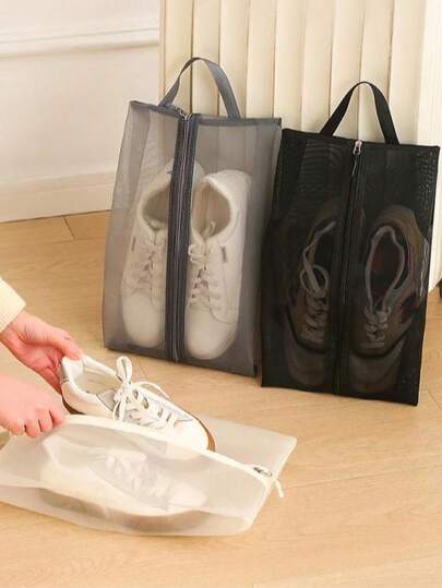 1pc Foldable Breathable Mesh Shoe Bag - Transparent Visual Design, Durable Polyester Large Capacity Shoe Storage Bag, Suitable For Storage In Gyms, Travel, Beaches, Cosmetics And Toiletries - Beige/Black, Washable Bag, Shoe Storage Travel Bag, Portable Handheld Shoe Bag