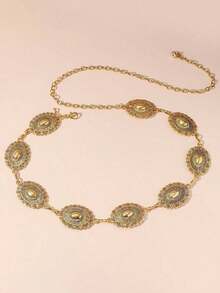 1pc Oversize/Plus Size Western Style Belt, Material Women's Waist Belt/Chain, Bohemian Vintage Floral Engraved Matte Black Textured Metal Waist Chain, Suitable Pairing With Western Jeans, Casual, Beach, Party, Festival, XXL Size, New Year - 金子 - 查看 8