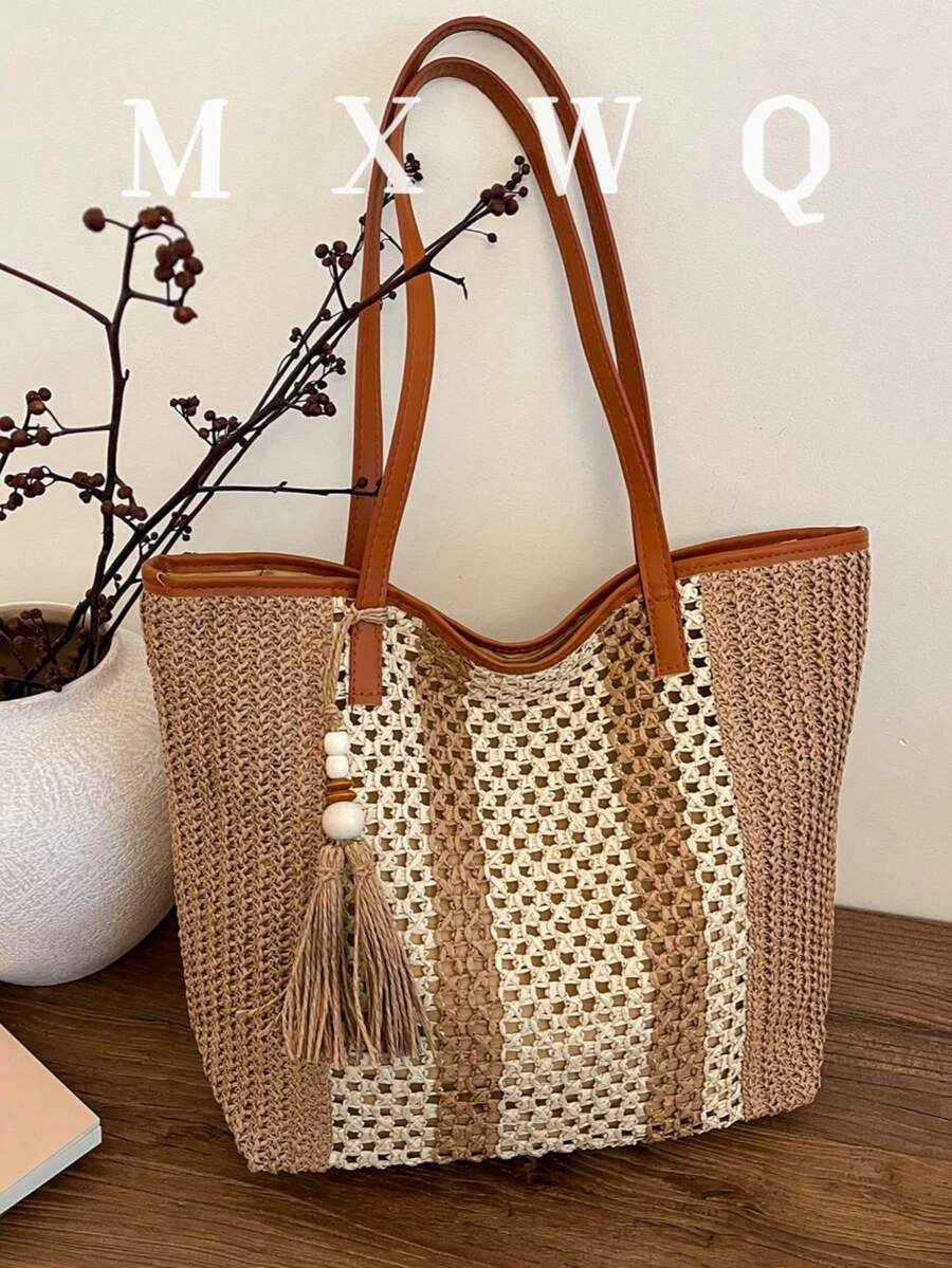 Bolso de playa de paja de verano, bolso de gran capacidad, cesta de la compra, bolso de mano, estilo de vacaciones, versátil y sencillo, bolso de mujer con múltiples bolsillos, adecuado para vestidos, compras, viajes, almacenamiento, bolso de mimbre