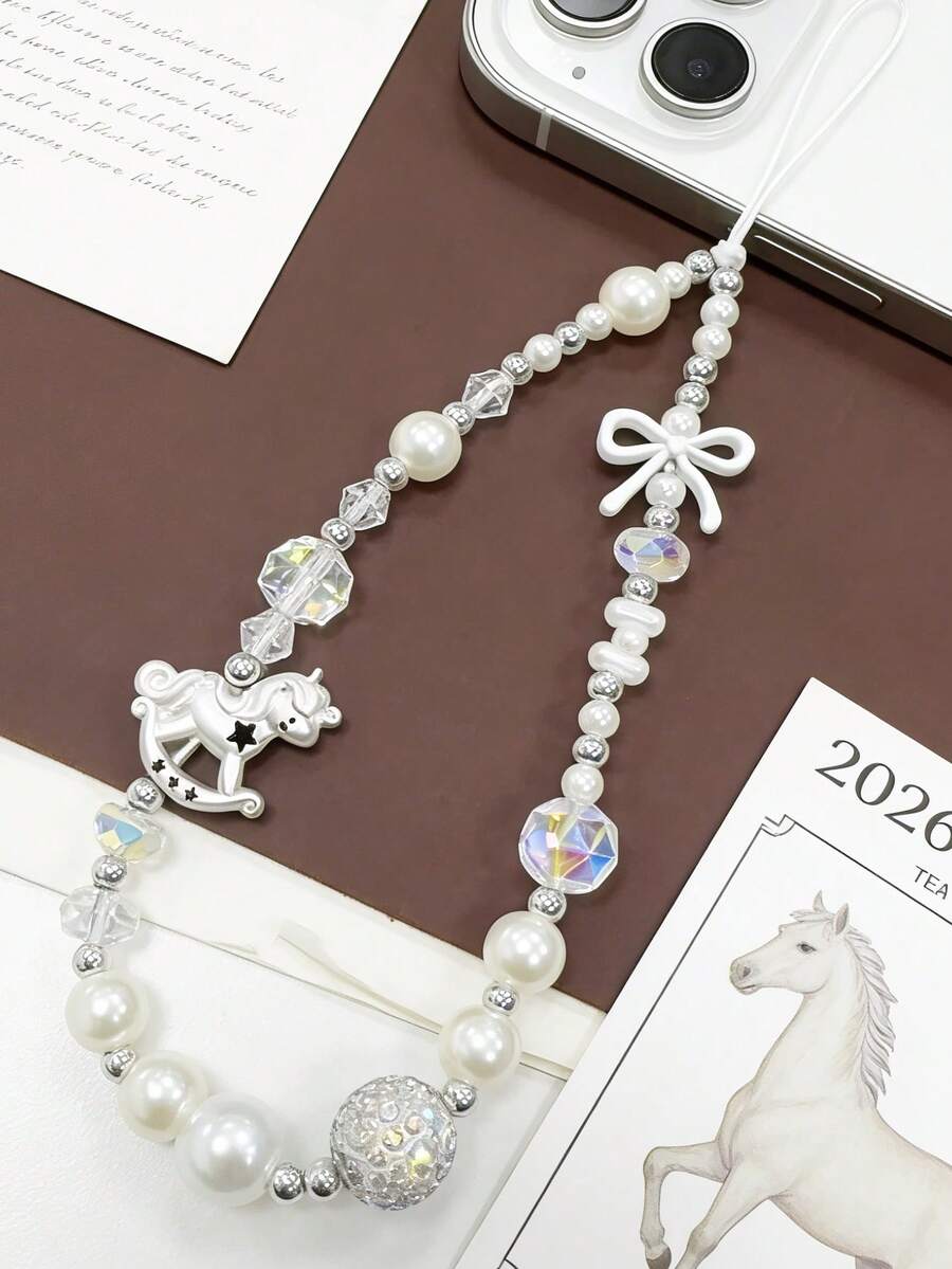 1件可爱女士Y2K水晶珍珠电镀小马合金蝴蝶结手机绳，ins风闪亮钻石星星绳包挂饰，适合度假旅行 - 彩色 - 查看 1