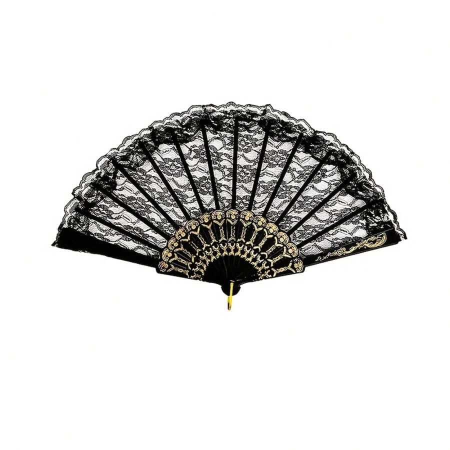 1pc Exquisite Golden Lace Floral Folding Hand Fan, Suitable As An Accessory For Weddings, Parties And Other Events.