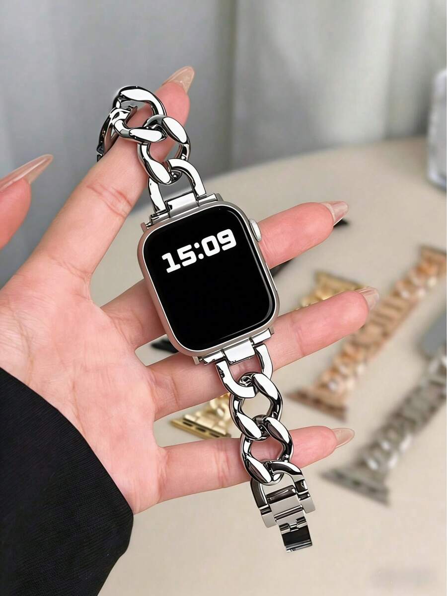 1pc Women's Fashion Smart Watch Band, Compatible With Apple Watch Bands 38/40/41/42/44/45/46/49mm, Elegant Durable Anti-Oxidation Silver Stainless Steel Metal Smart Watch Strap, Compatible With Apple Watch Series Ultra 2/SE 11/10/9/8/7/6/5/4/3/2/1, Stylish Bracelet, Women's Valentine's Day Gift, Smart Watch Accessory - Silver - View 1