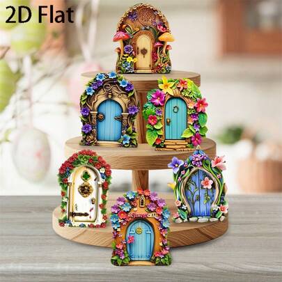 6pcs 2D Flat Wooden Mini Fairy Door Decor, Creative Floral Cottage Pattern 2D Fairy Door Decor, Garden Decoration Props