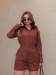 Linen Shirt And Shorts Set (2 Pieces), Lined With Elastic. - Rust Brown - View 4