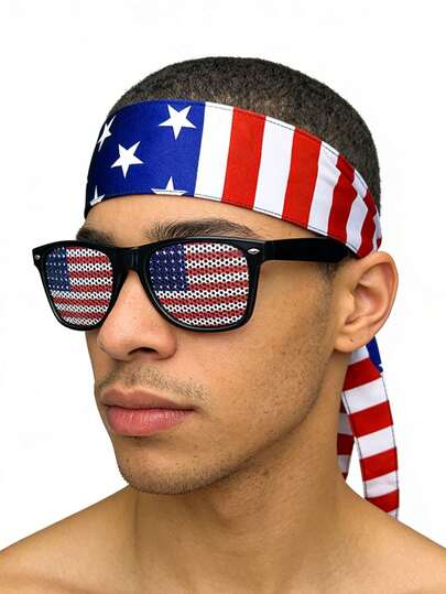2件套美国国旗图案头带和眼镜，足球世界杯装饰，派对配饰，带网状镜片