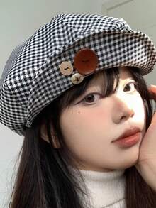 Retro Houndstooth Beret, Unique Design Artistic Flattering Korean Style Painter Cap - Multicolor - View 2