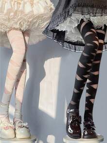 1/2 双日式交叉蕾丝洛丽塔女式长筒袜，黑白底色长筒袜，白色蕾丝层洛丽塔连裤袜，薄款黑色蕾丝版。 - 彩色 - 查看 1