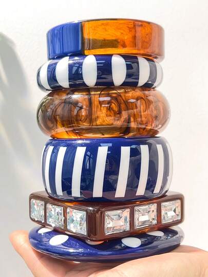 1pc Blue Retro Resin Bracelet, New Striped & Polka Dot Design Unisex Jewelry, Suitable For All Seasons, Glossy Finish, Vibrant Color