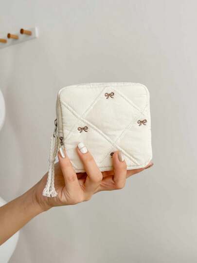 Cute Embroidered Bow Pattern Cosmetic Bag, With Zippered Pocket, Sanitary Napkin Storage Bag, Portable Travel Bag, Jewelry Bag, Cute Mini Zippered Cosmetic Bag, Cosmetic Storage Bag, Toiletry Bag, Mini Cosmetic Storage Bag, Coin Purse, Sanitary Napkin Period Bag, Sanitary Napkin Storage Bag, Mother's Day Gift, For Friends, Wife, Or Her.
