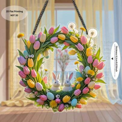 2D Flat, 1pc Easter Tulip & Bunny Wreath Acrylic Hanging Decor - Fresh & Sweet Style, Suitable For Wall/Window Hanging, Easter/Spring Decoration, Sweet Style Lovers And Holiday Crowd