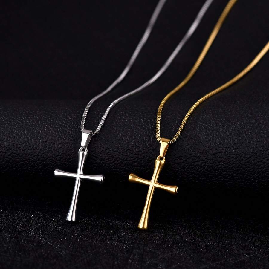 1件18K镀金银色不锈钢时尚休闲祈祷十字架吊坠项链，适合女性日常佩戴 - 銀色 - 查看 1