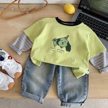 2026 Nueva primavera Suéter holgado de manga larga con mangas a rayas de contraste para niños - Verde - Ver 6