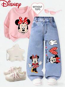 Disney-Branded Licensed Girls Children's Jeans, Minnie With Peace, Love, And Heart Gestures Patterned And Printed, Straight-Leg Pants For Teenagers In Spring/Summer, Casual, , Cool, And Versatile Denim Pants - màu xanh nhạt - Xem 1