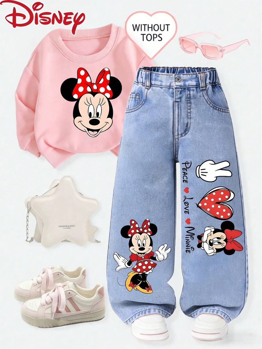 Disney-Branded Licensed Girls Children's Jeans, Minnie With Peace, Love, And Heart Gestures Patterned And Printed, Straight-Leg Pants For Teenagers In Spring/Summer, Casual, , Cool, And Versatile Denim Pants - màu xanh nhạt - Xem 1