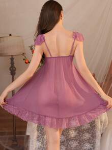 1件装女士蕾丝V领薄纱睡裙，性感吊带睡衣，修身细肩带睡衣，四季皆宜 - 紫色 - 查看 3