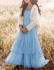 2026 Girls Elegant Lace Flower Boho Dress Long Sleeve Backless Square Neck Ruffle Party Maxi Dress - 09 Biru Muda - View 5