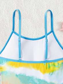 少女涂鸦印花针织连体泳衣，配有可调节肩带，时尚又得体，适合夏季游泳和度假。 - 彩色 - 查看 5