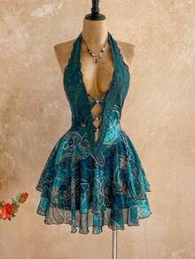 Women's Vintage Halter Backless Ruffle Hem Mini Dress, Holiday Outfits For Women , Summer Holiday Outfits, Bohemian, Boho,Spring/Summer, Carnival Outfit,Retro Outfits - màu xanh lá - Xem 3