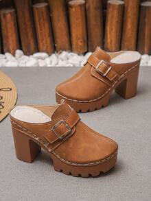 1 Pair Simple Solid Color Buckle Decor Comfortable Slip-On Women High Heel Platform Wedge Sandals, Closed Toe High Heels, Retro College Style For Spring/Summer Daily, Party, Music Festival, Brown - بني - مشاهدة 7