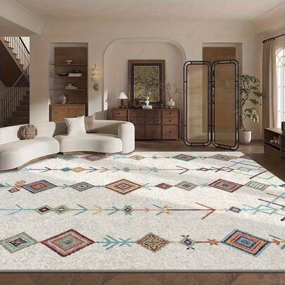 1 pieza Alfombra con patrón geométrico de estilo bohemio en color beige. Material de terciopelo con un peso aproximado de 850g y un grosor de aproximadamente 0,6 cm. La alfombra es resistente al desgaste, antideslizante y fácil de limpiar. Disponible en varios tamaños. Adecuada para cocina/sala de estar/comedor/dormitorio/balcón/baño/estudio. Una opción ideal para la decoración del hogar.