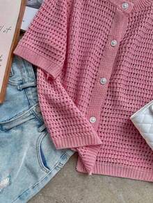 Áo khoác cardigan dệt kim tay ngắn cổ tròn mới cho mùa hè, kiểu dáng rộng rãi, khoét lỗ, mỏng, cài nút, màu hồng, thích hợp cho đi mua sắm, dạo phố, đi chơi, lễ tốt nghiệp, tiệc tùng mùa xuân. - Hồng đậm - Xem 8