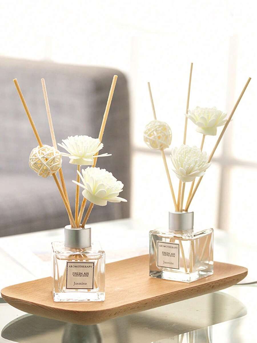 1 Set, 50ml Aroma Diffuser, Suitable For Home, Study, Bedroom, Bathroom & Deodorizing, Flameless Aromatherapy (1 Bottle Of Essential Oil + 5 Diffuser Sticks And 1 Rattan Ball + 2 Dried Flowers)