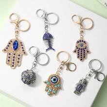 6件套法蒂玛手形钥匙扣，欧美棕榈眼钥匙圈，女士包包配饰，吊坠，闪亮字母波西米亚锌合金饰品，夏季 - 彩色 - 查看 2