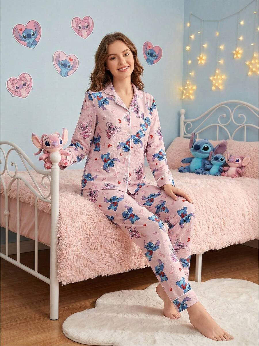 Disney 2pcs Stitch Printed Ruffle Collar Casual Long Sleeve Top And Pants Women Pajama Set - Pink - View 1