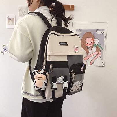 حقيبة ظهر متعددة الجيوب للاستخدام اليومي والخروج والمدرسة والجامعة للطلاب، بألوان متباينة، مناسبة للتسوق والسفر والعطلات، مع إكسسوارات عشوائية للألوان والأبزيم