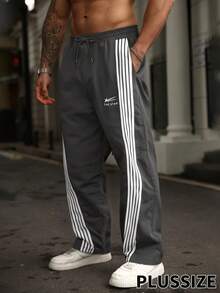 OMNIVOLUME Plus Size Men's Straight Leg Loose Fit Striped Casual Sweatpants Sports - Grey - View 4