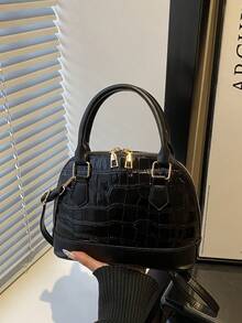 Fashionable Solid Color Embossed Handbag - Black - View 5
