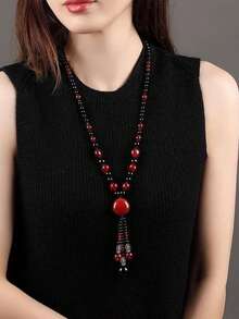 1 pieza Cadena de suéter de ágata roja y negra para mujer - Rojo - Ver 5