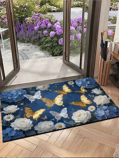 1pc Navy Blue Floral & Butterfly Pattern Entrance Mat, Doormat, Outdoor Rug, Living Room Carpet, Small Rug, Hallway Rug, Bedroom Rug, Washable Doormat
