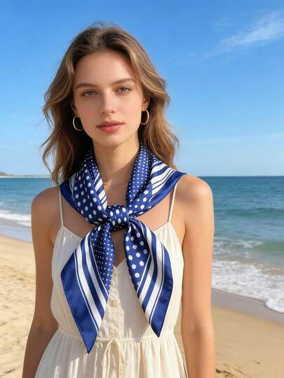 A Versatile Spring/Summer Wave-Patterned Patchwork Print Square Scarf That Is Suitable For Daily Wear