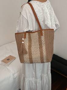 Bolso de playa de paja de verano, bolso de gran capacidad, cesta de la compra, bolso de mano, estilo de vacaciones, versátil y sencillo, bolso de mujer con múltiples bolsillos, adecuado para vestidos, compras, viajes, almacenamiento, bolso de mimbre - Caqui - Ver 4