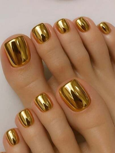 24pcs Gold Plated Toe Nail Tips, Toe Nail Art Supplies, Short Solid Color Toe Nails