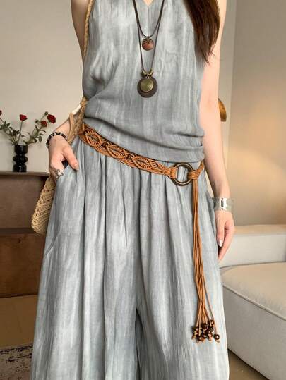 1pc Camel Color Polyester Vintage Woven Waist Rope For Women
